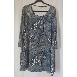 ENMAIN Tunic Dress Womens Size 3XL  Blue White Abstract Print 3/4 Sleeve Flowy